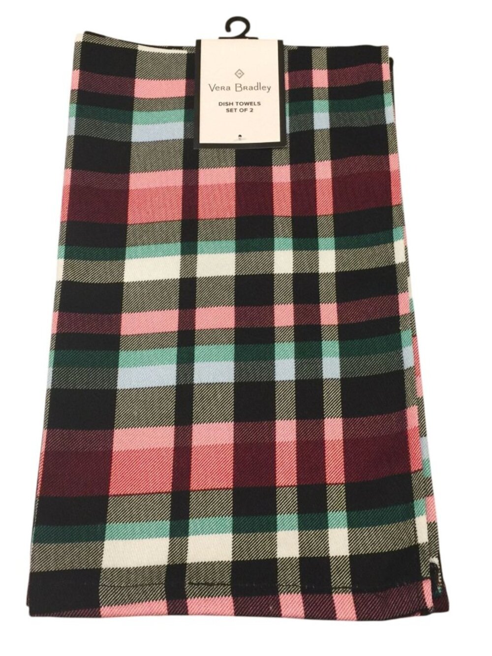 VERA BRADLEY Plaid Ribbons Dish Towels 100% Cotton Set of 2 Black Pink Green